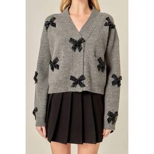 NEW 2.7 AUGUST APPAREL chunky cardigan with beaded big bow in charcoal